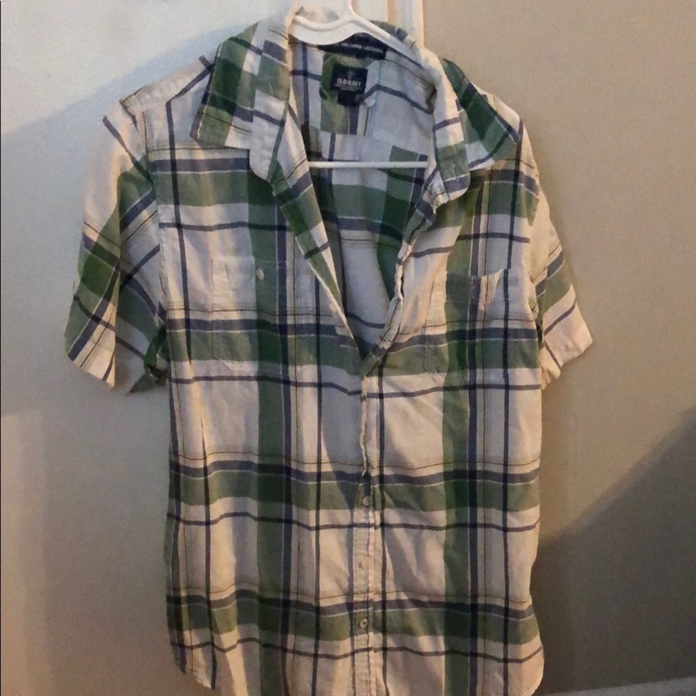 Old Navy Men’s Green and White Casual Button Down Shirt